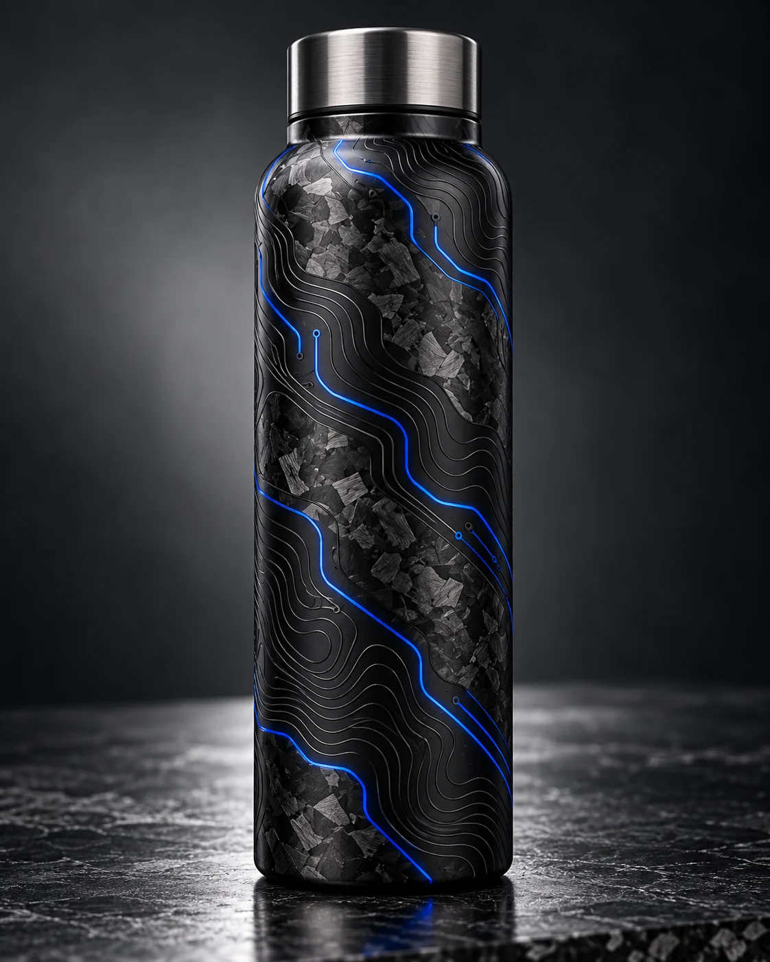 Black VYRXEL bottle concept with forged-carbon texture and electric blue circuit lines